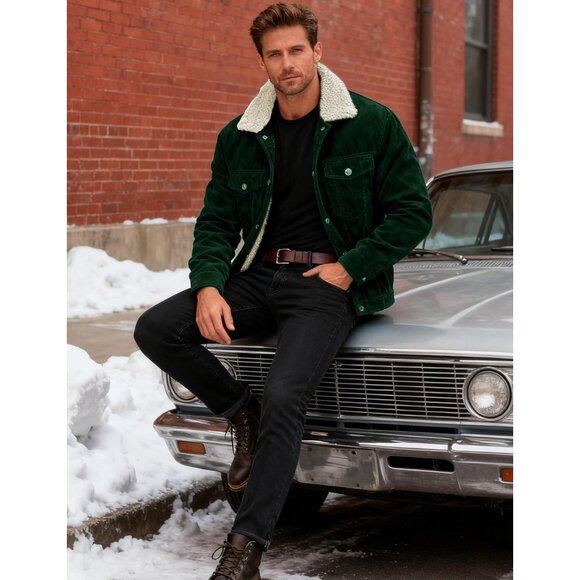 Mens Emerald Green Corduroy Jacket Sherpa Lined Warm Winter Trucker Cargo Coat - Picture 4 of 7